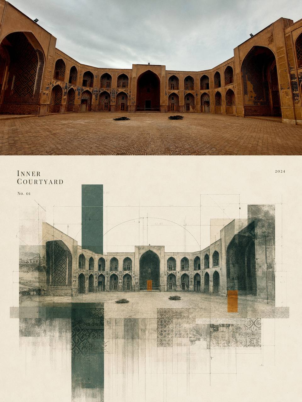 Luxury split poster with landscape photo above and architecture collage below