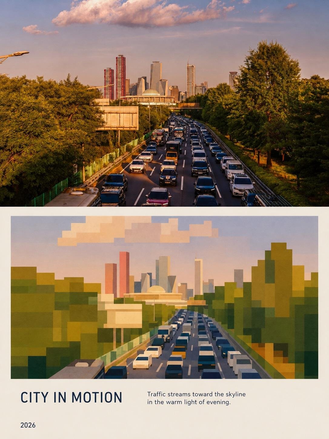 CITY IN MOTION highway photo and geometric split poster