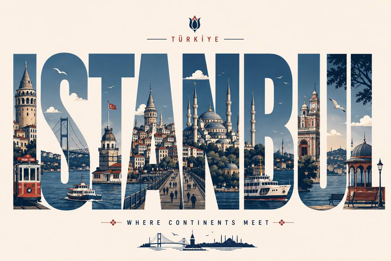 ISTANBUL typographic travel poster with landmarks inside the letters