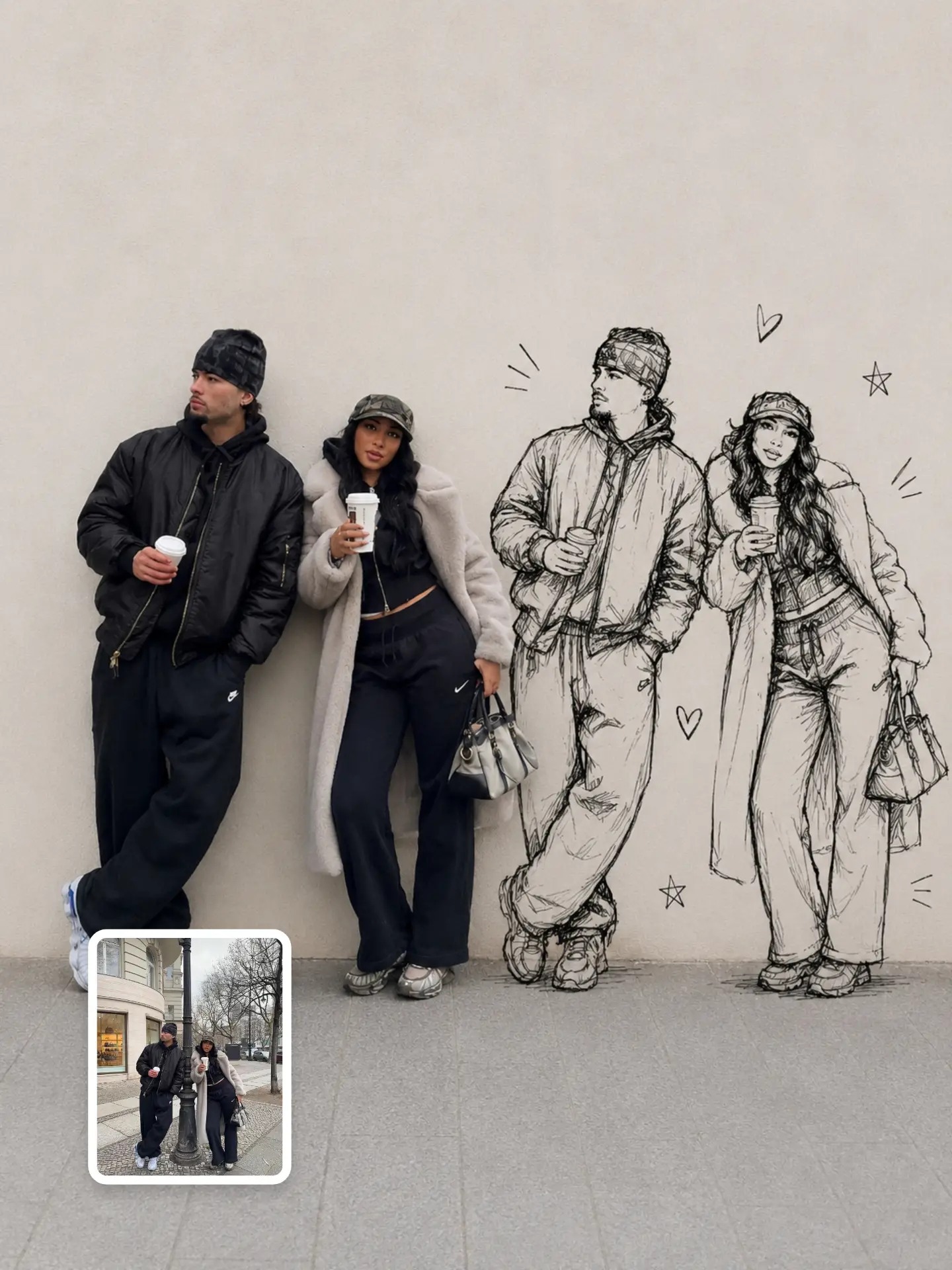 Couple with matching black-ink doodle clones on the wall