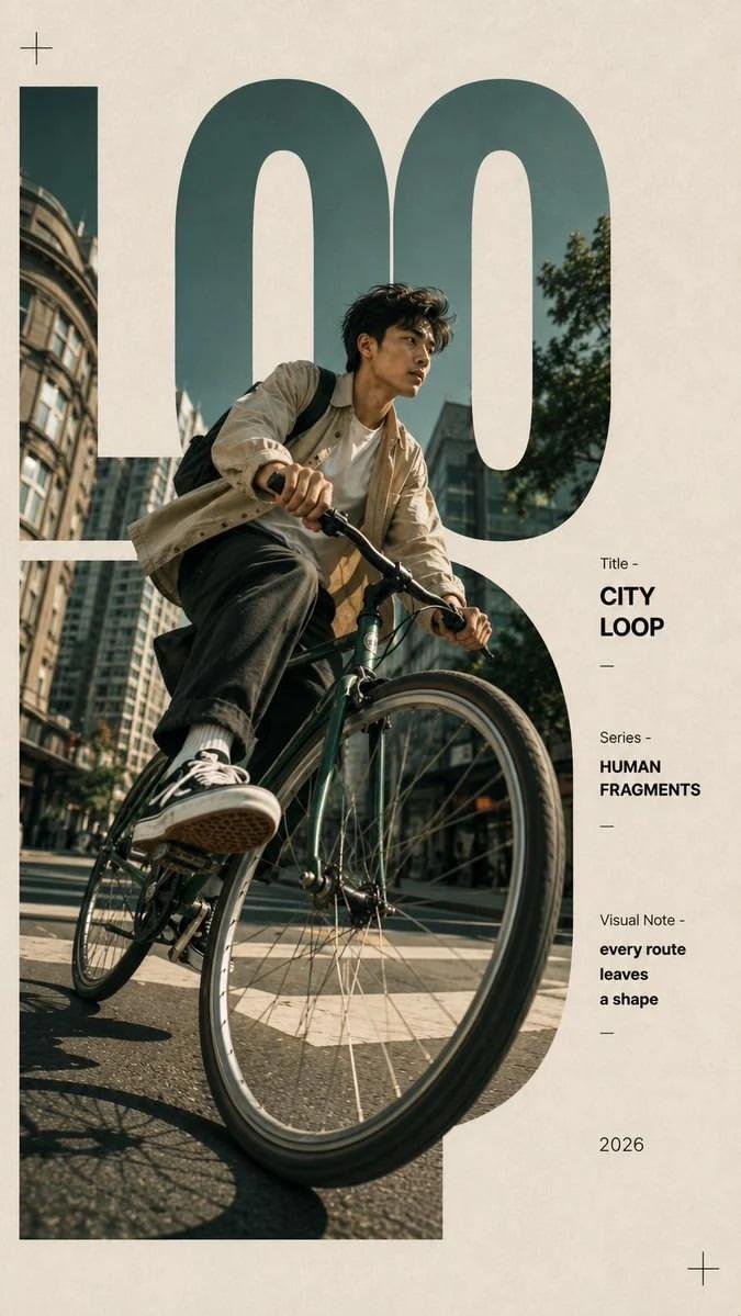 City Loop editorial magazine poster with cyclist and oversized typography