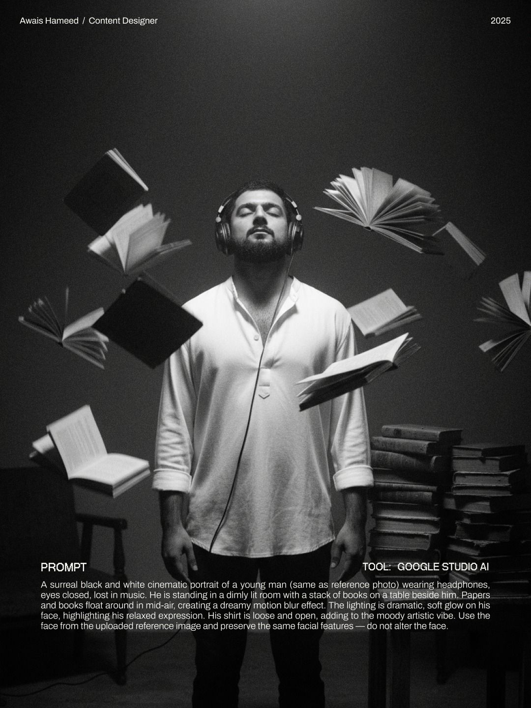 Black and white portrait with floating books and headphones