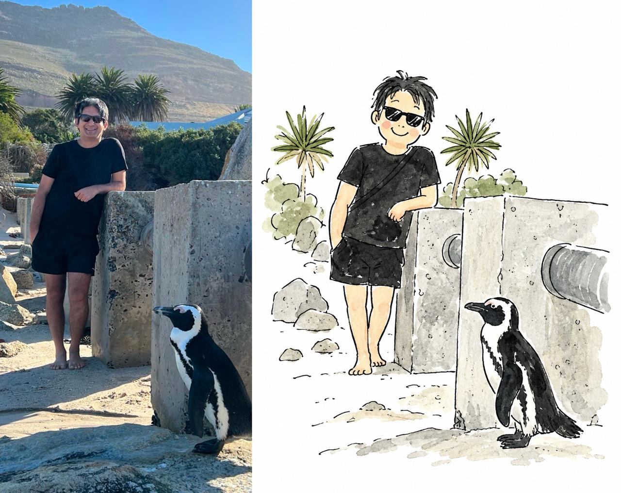 Photo to hand-drawn doodle: person with penguin