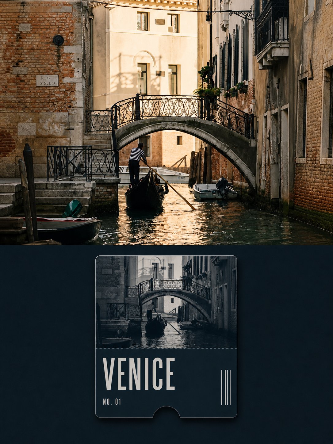 Travel photo with monochrome collectible ticket panel