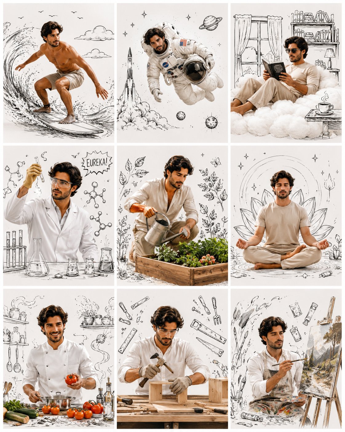 Nine-panel lifestyle collage with photo subject and ink doodles