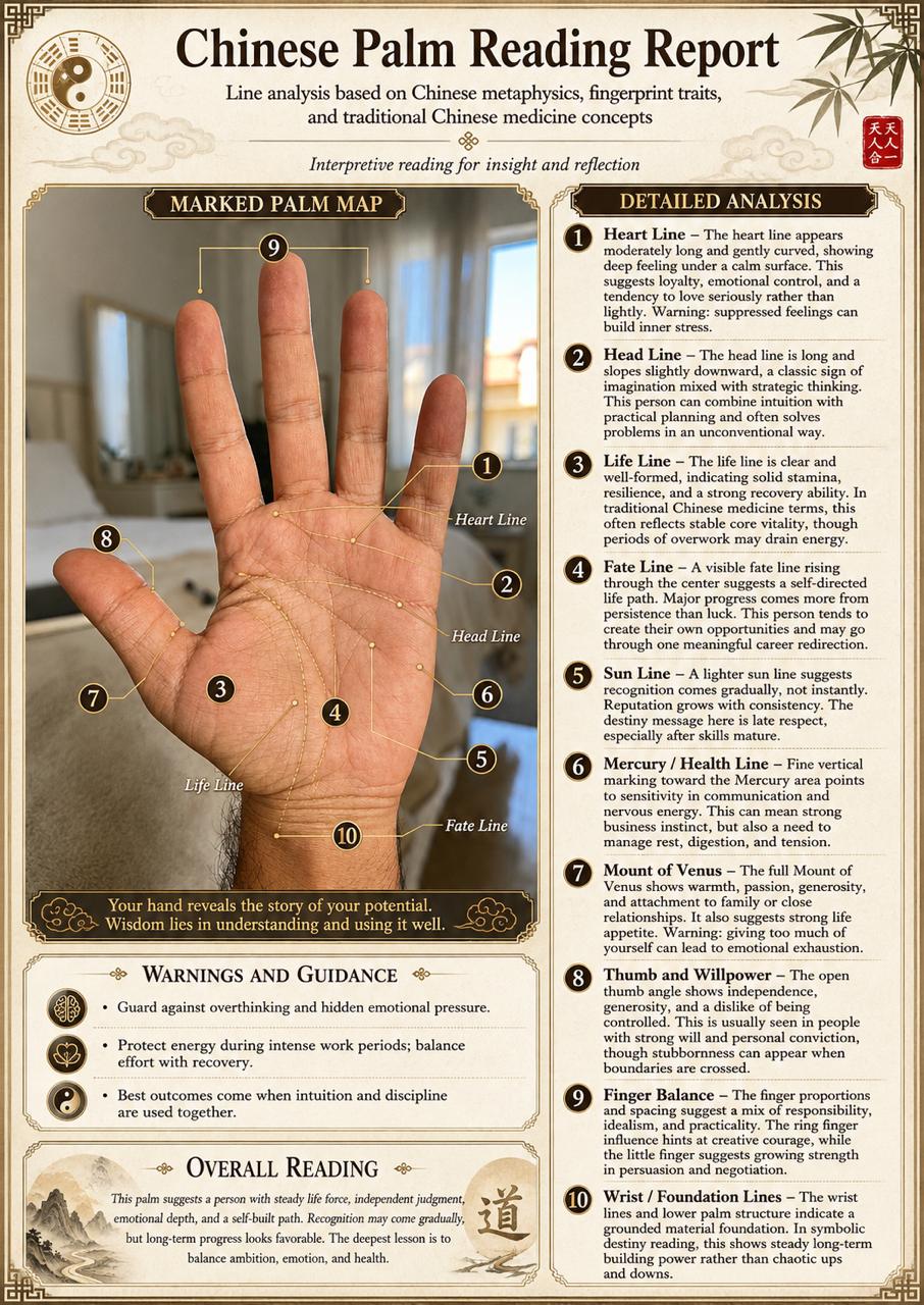 Palm photo with annotated destiny analysis report overlay