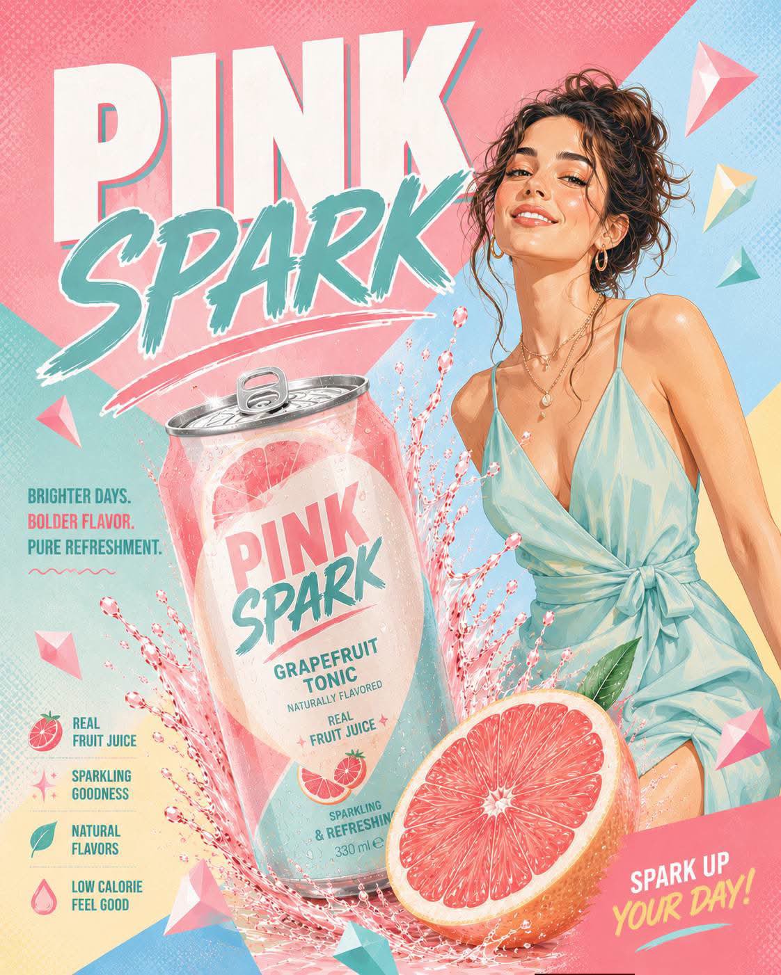 Pastel pop drink ad with blue can and sliced lime