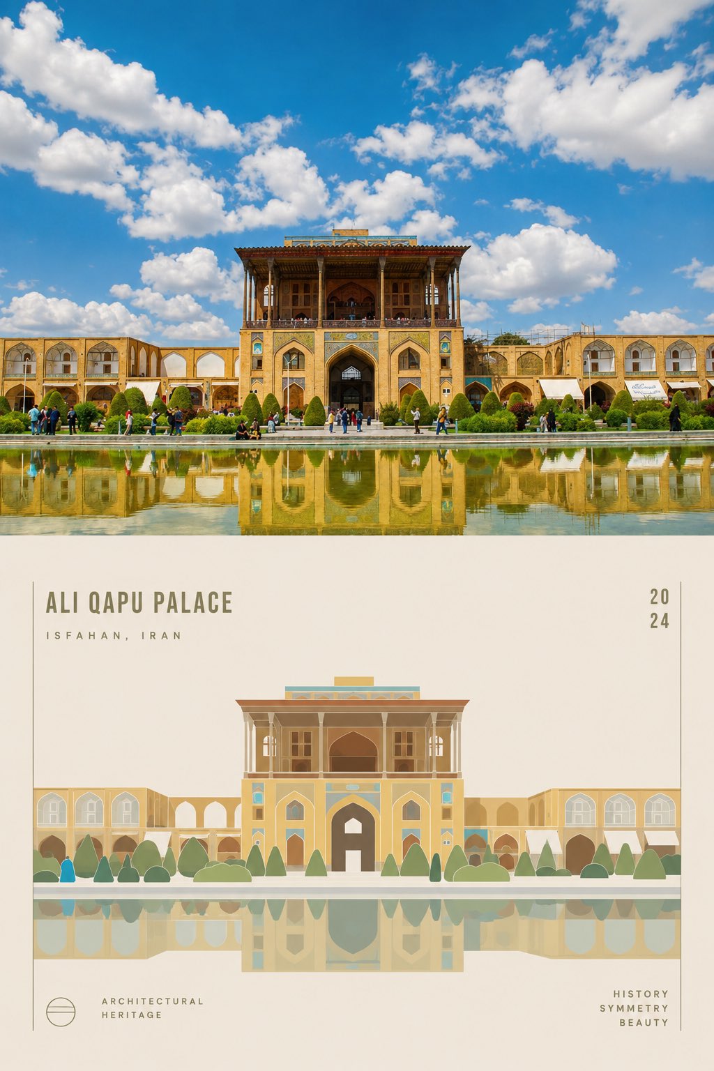 Split poster with a photo on top and geometric abstract below