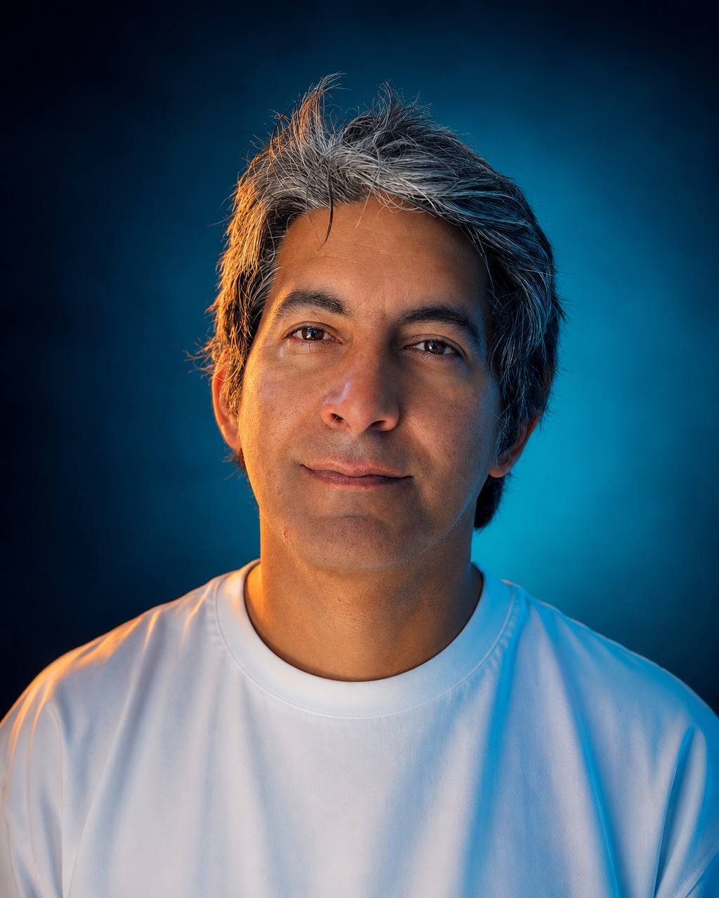 Teal and orange double-tone studio portrait example
