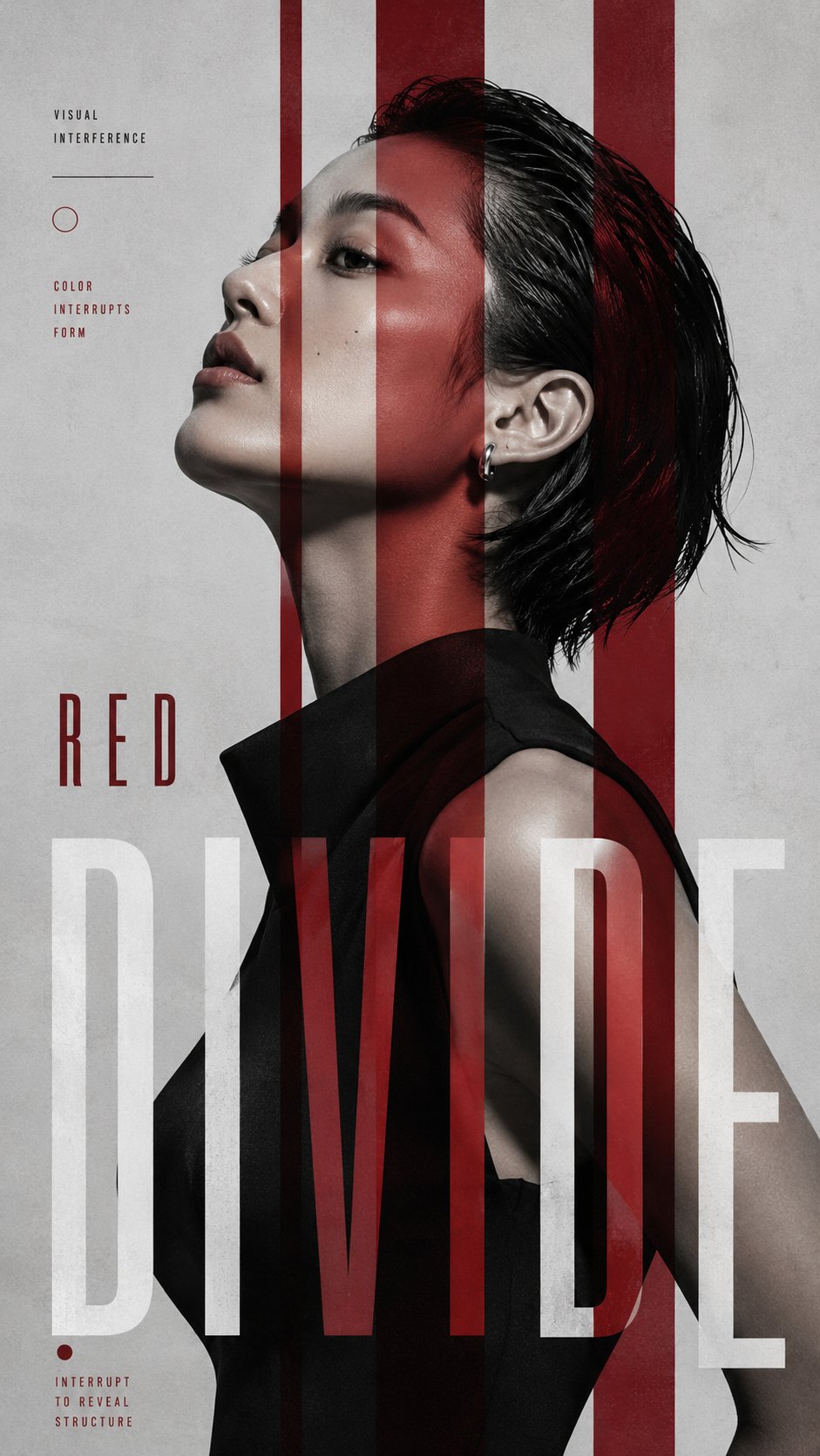 RED DIVIDE color split editorial portrait