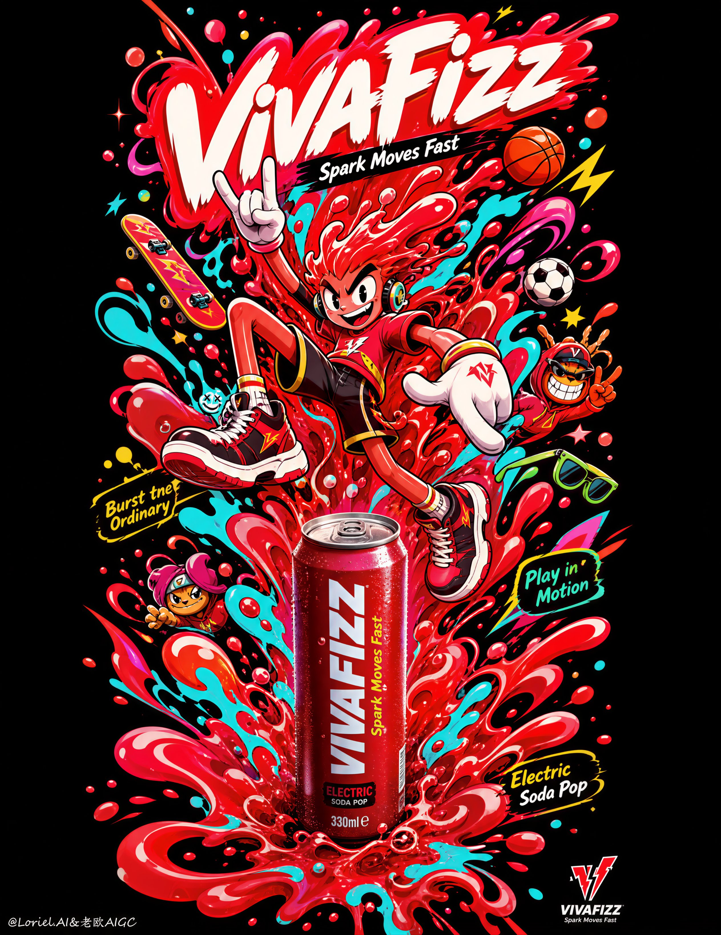 VIVAFIZZ pop-surreal beverage poster with liquid energy totem and soda can